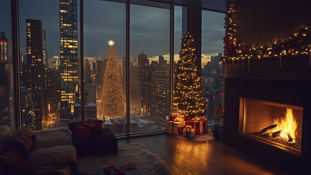 A Cozy Christmas Night In A New York City Penthouse🎄 Snowfall Winter Ambience & Crackling Fireplace