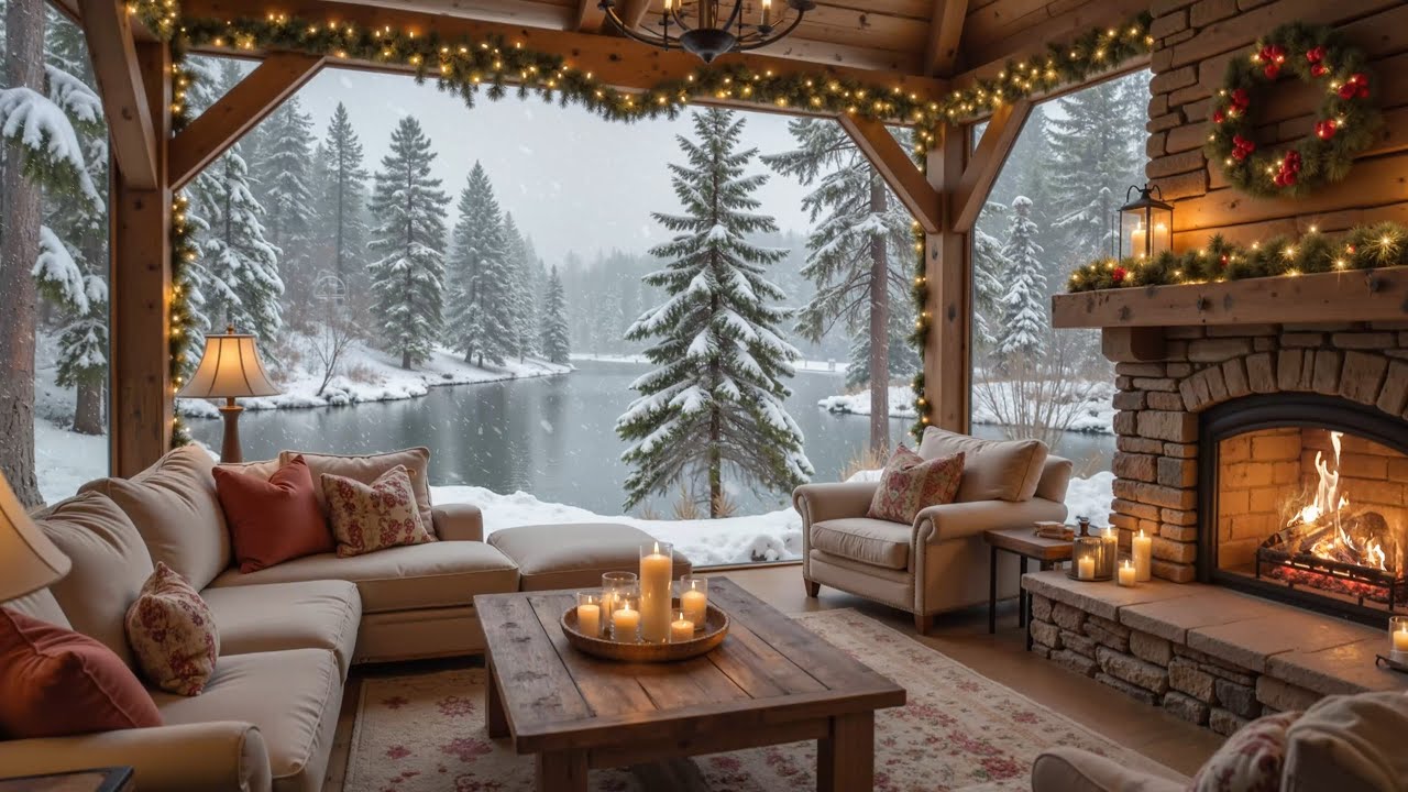 Peaceful Winter Moring by Cozy Lakeside Porch ❄ Soothing Piano Music, Fireplace Sound for Relaxation
