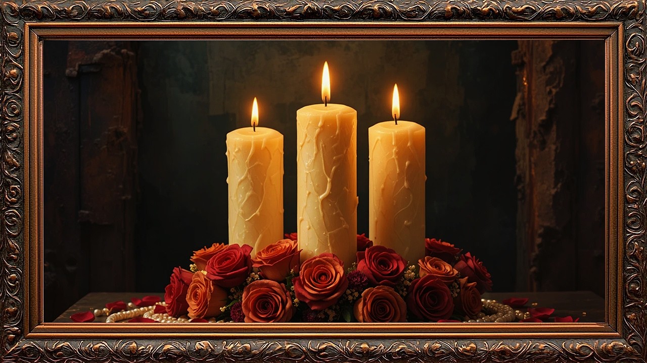 Romantic Candle Trio 🕯️ Roses & Pearls | Baroque Chiaroscuro Still Life 4K