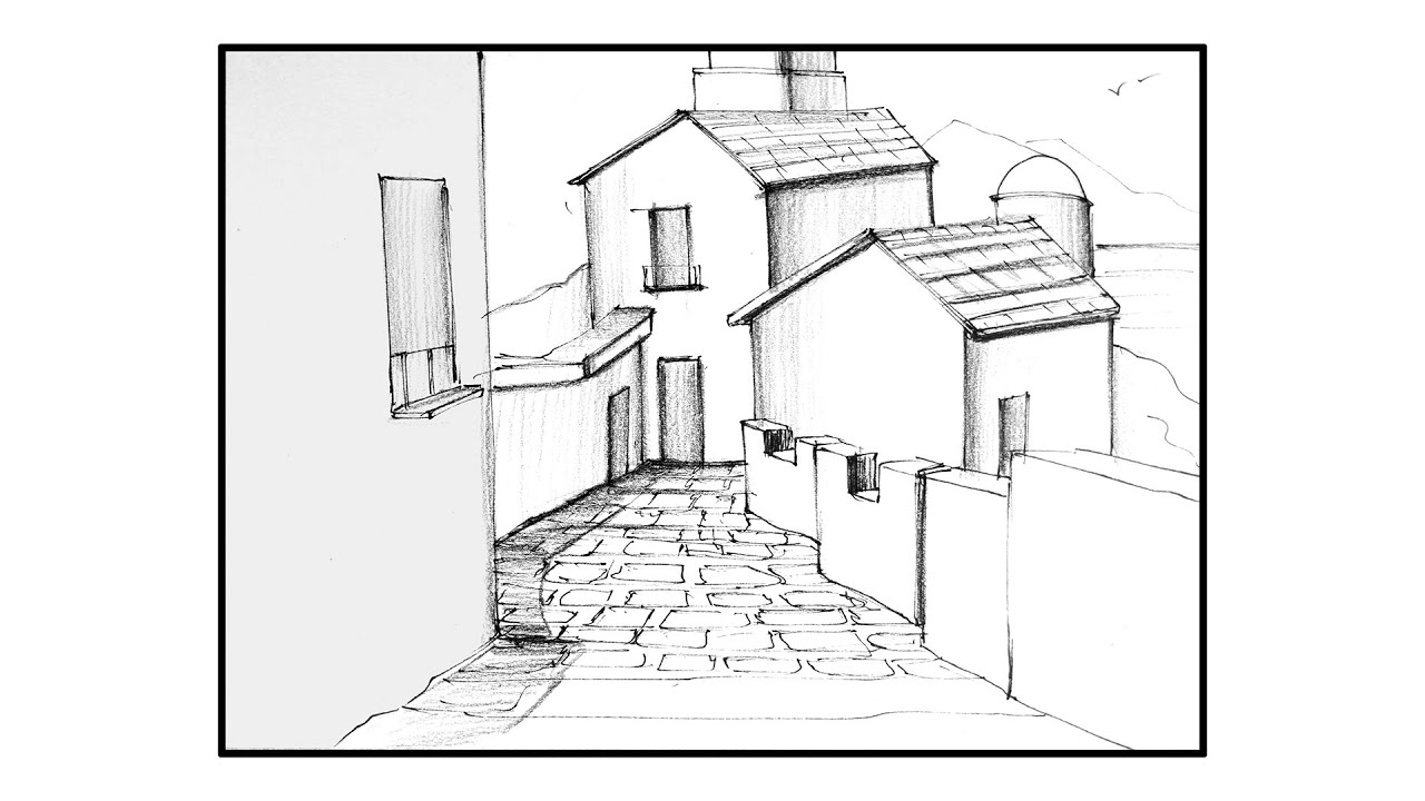 Pencil Sketch of a Quaint Village Alleyway