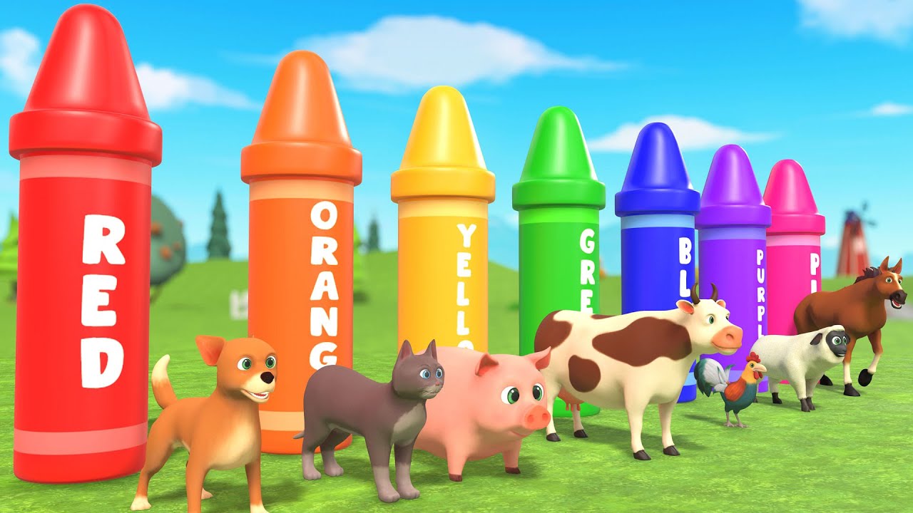 Baby Learn Colors with Crayons - Farm Animal Names and Sounds - Educational Videos for Kids Toddlers