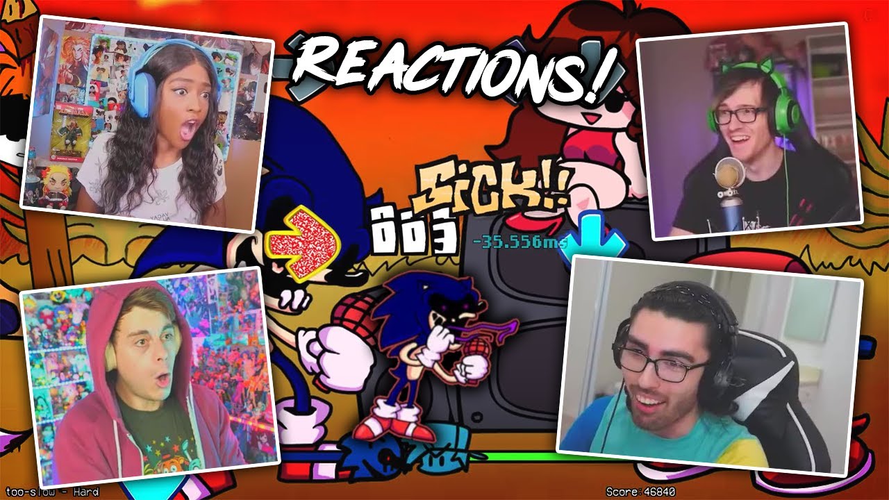 Youtuber's React To Friday Night Funkin' V.S. Sonic.EXE! | too-slow