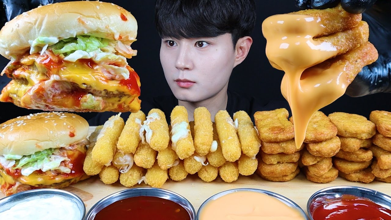 햄버거 치즈스틱 치킨너겟 먹방ASMR MUKBANG TRIPLE CHEESEBURGER & CHICKEN NUGGET &CHEESE STICK ハンバーガー eating sounds