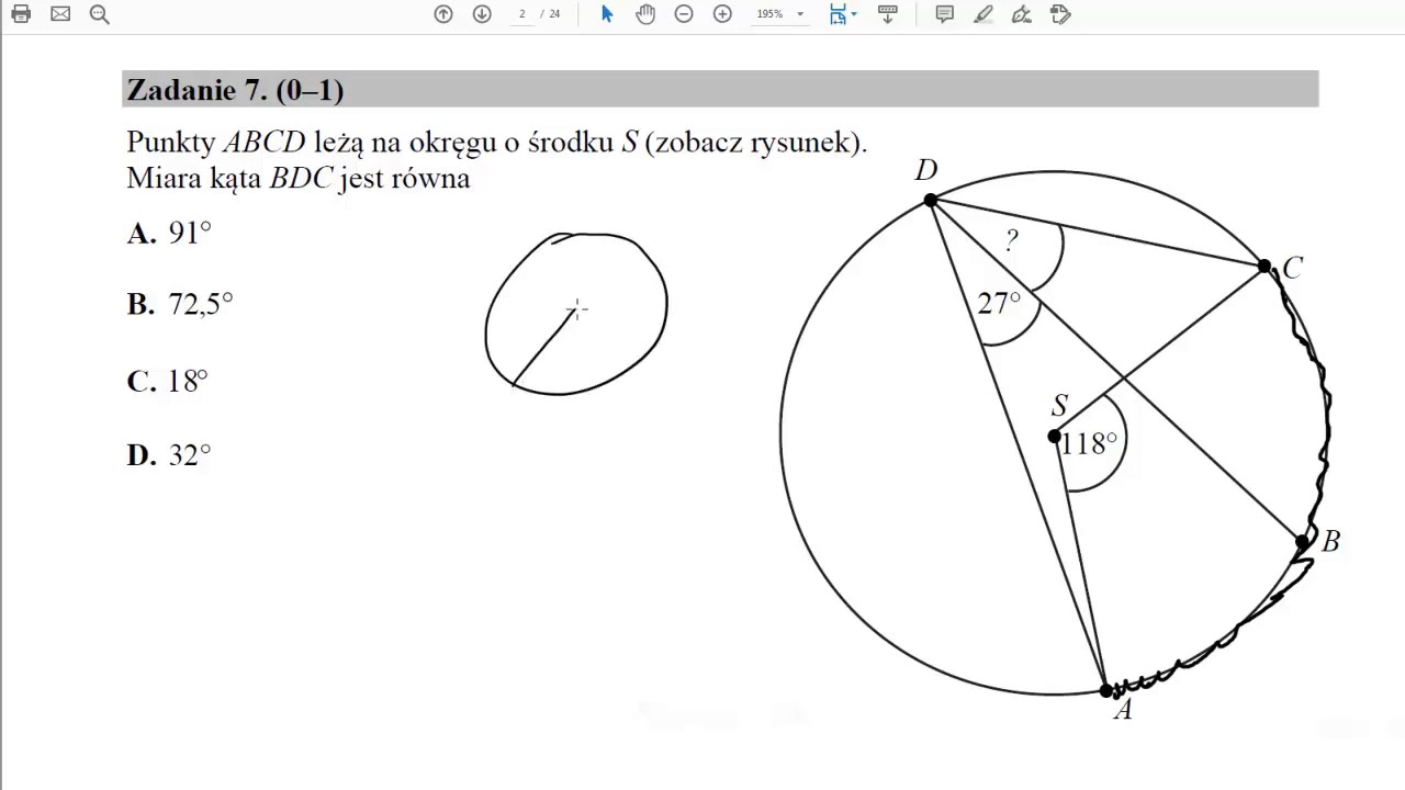 7 Punkty ABCD leżą na okręgu o środku S zobacz rysunek  Miara kąta BDC jest równa