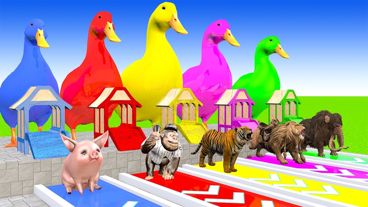 Paint & Animals Mammoth,Gorilla,Tiger,Duck,Cow,Lion Fountain Crossing Transformation Animals Cartoon