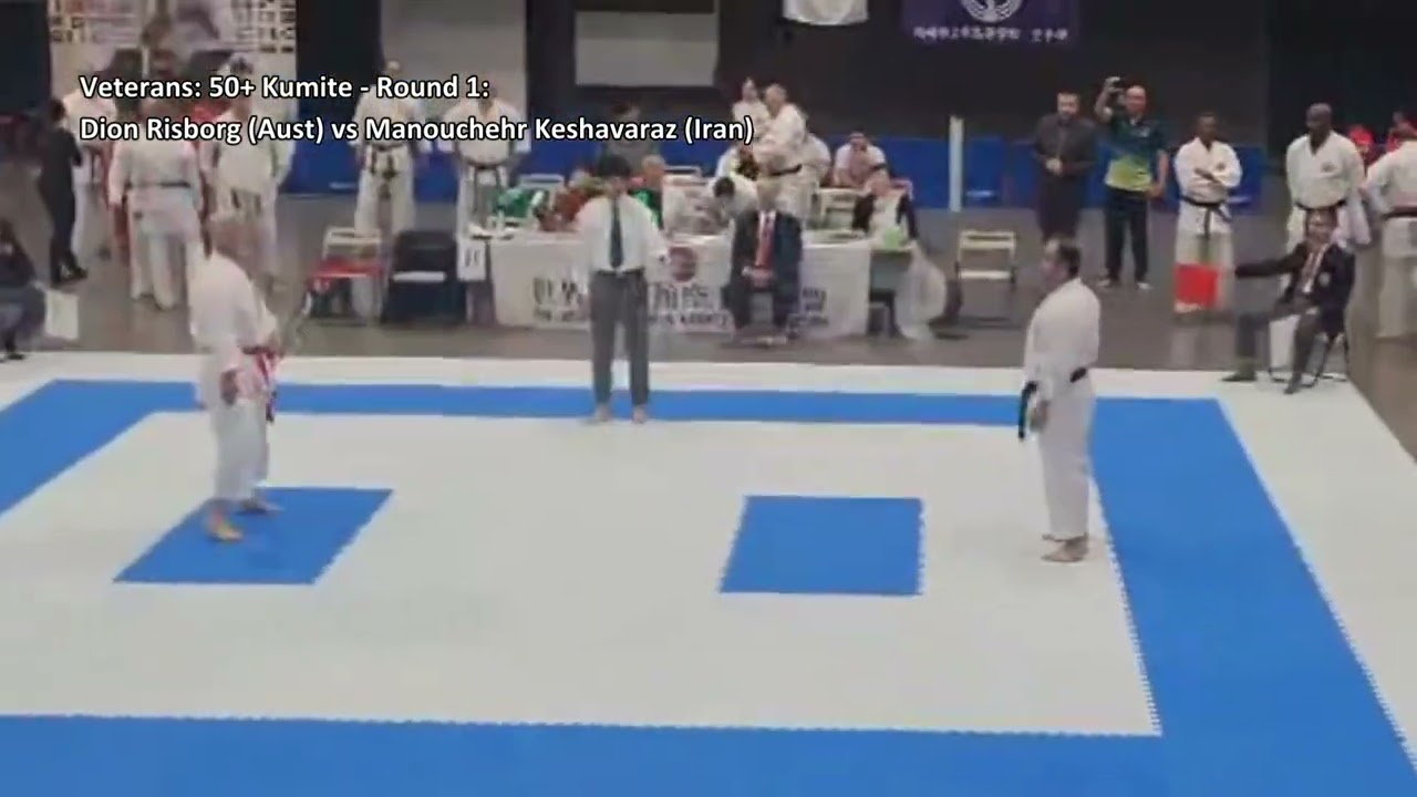 WSKF 2023 World Championships: Veterans: 50+ Kumite - Round 1: Risborg (Aust) vs  Keshavaraz (Iran)