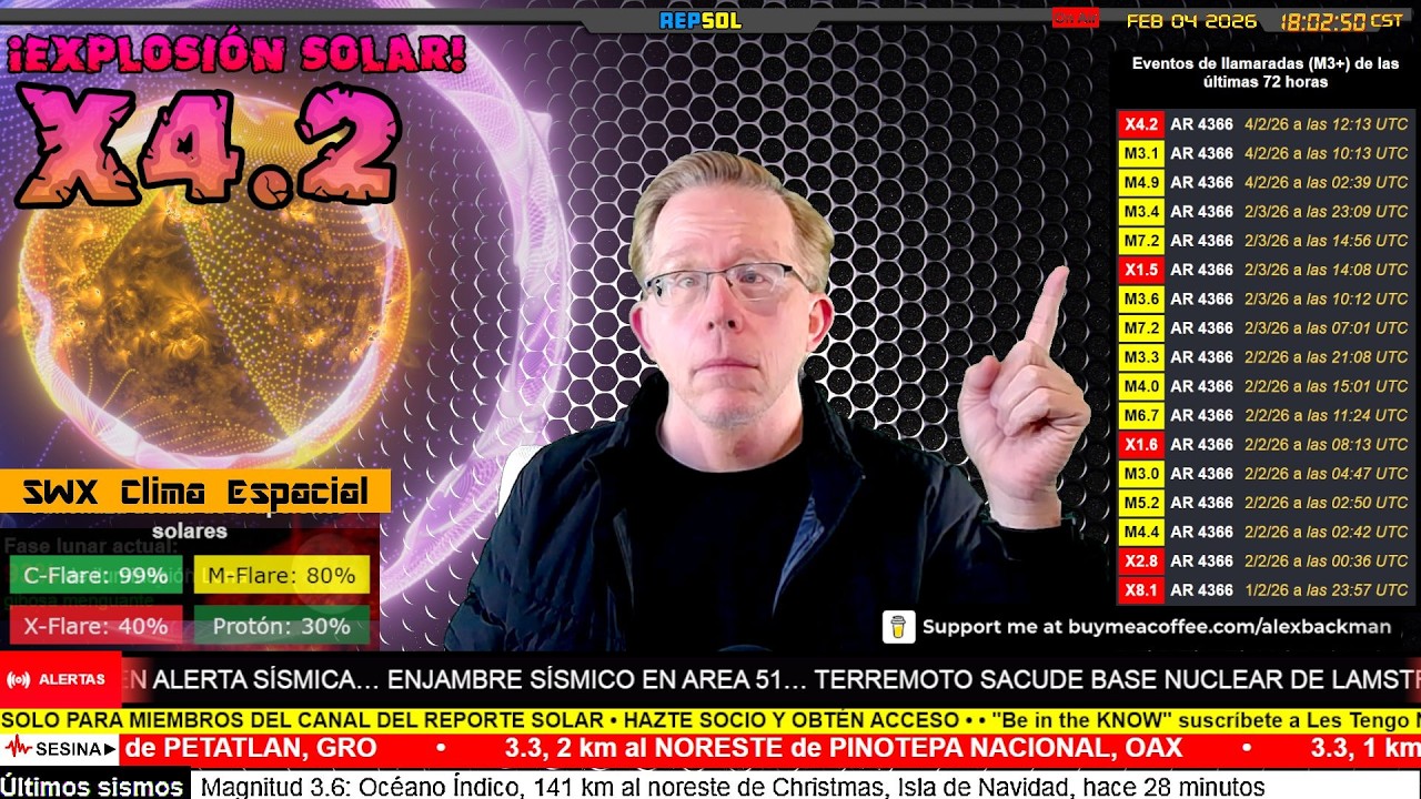☼ MEGAMANCHA SOLAR DISPARA OTRA LLAMARADA X4.2 ☼ M&Eacute;XICO Y SAN ANDR&Eacute;S EN ALERTA S&Iacute;SMICA &bull; FEB 04 2026