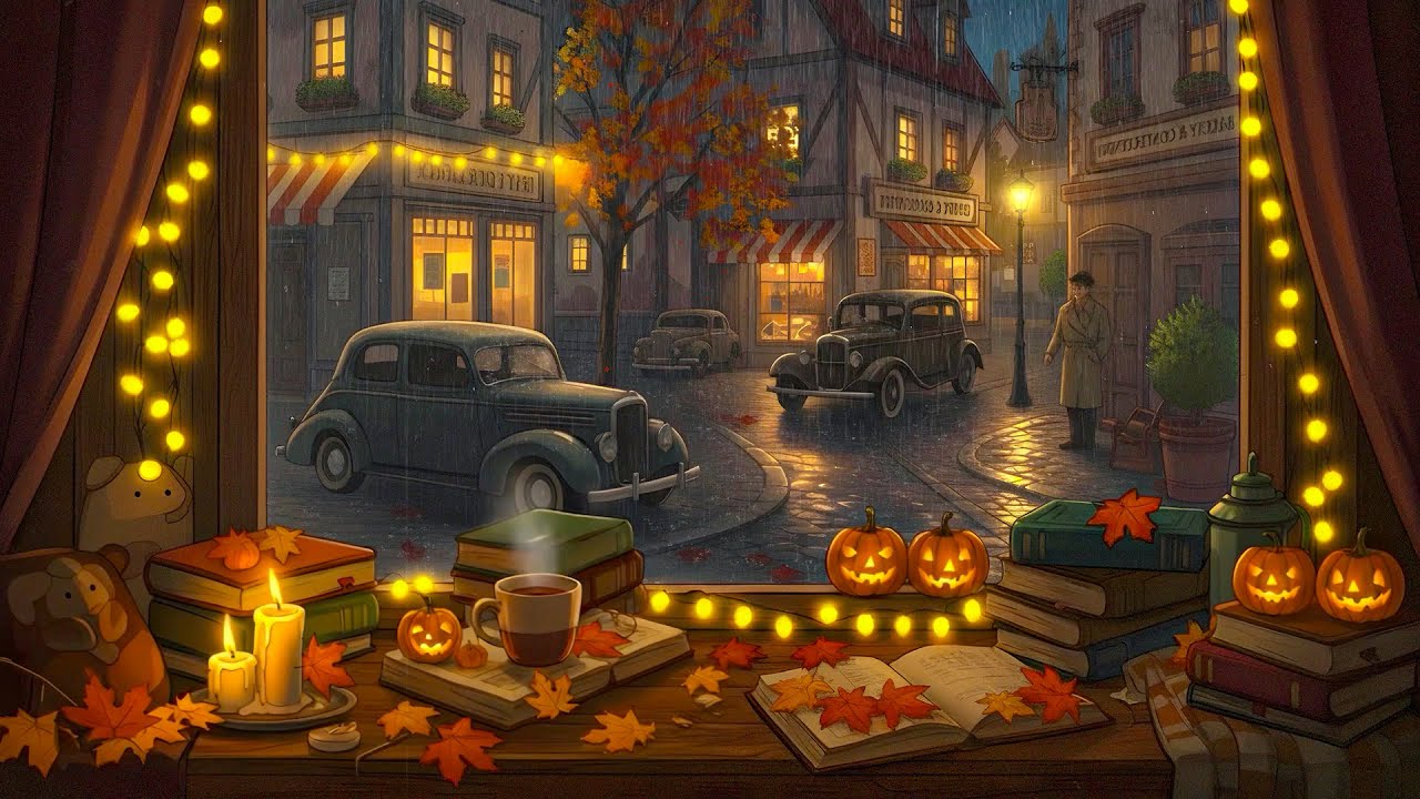 cozy reading nook watching the autumn rain with 1940s classic oldies playing from another room