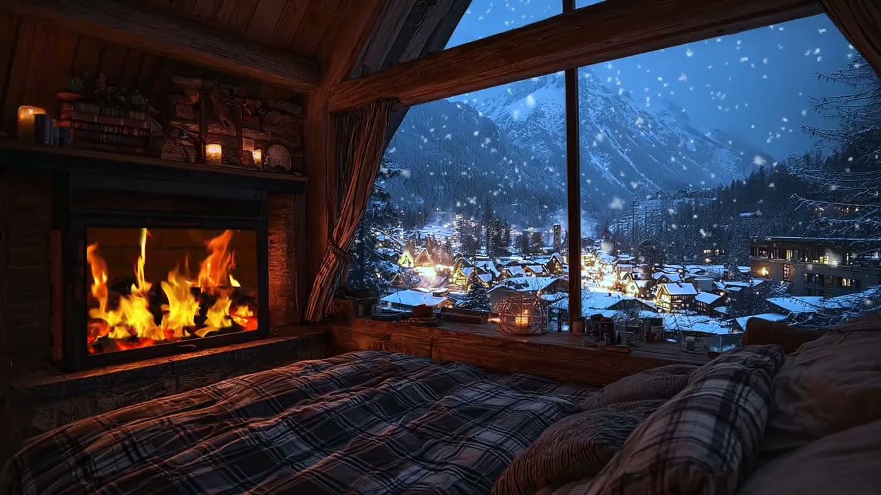 Calm Snowfall and Crackling Fireplace ❄️ Cozy Winter Night Ambience for Stress and Insomnia Relief