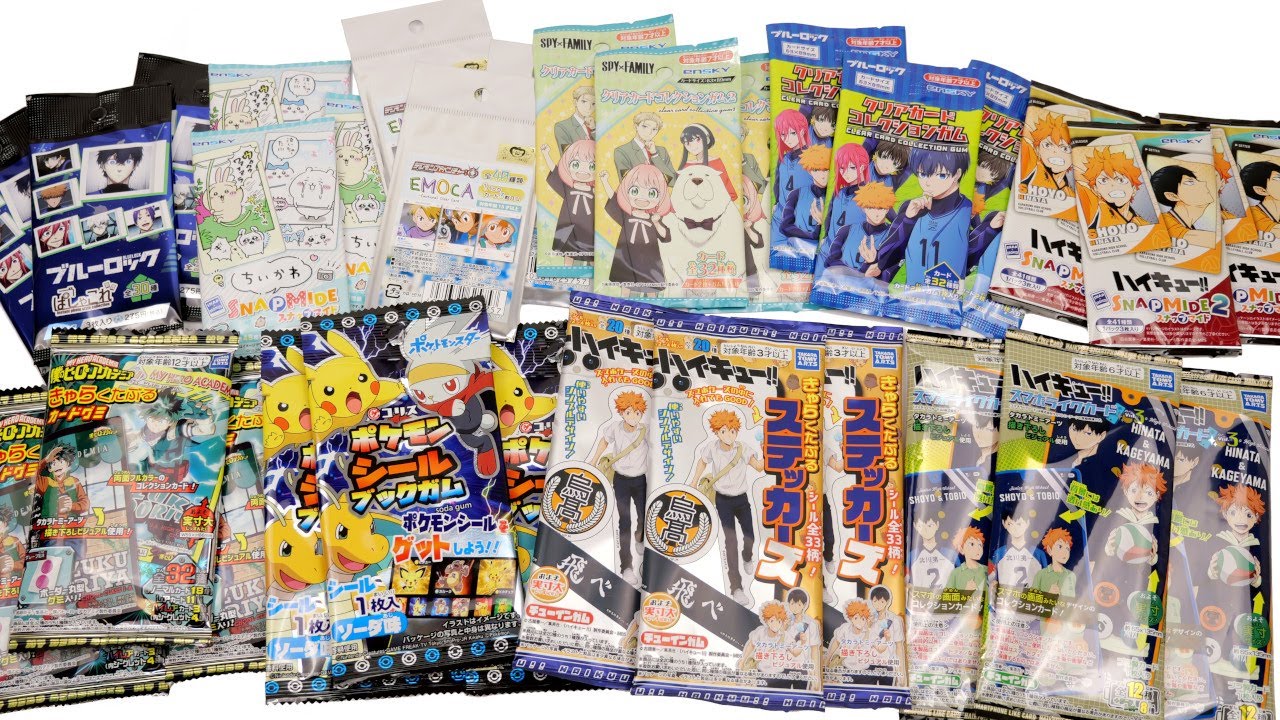 Opening 30 ANIME Card Blind Bags ALL AT ONCE: BlueLock, Pokemon, Digimon, Haikyu, Chiikawa, MHA+
