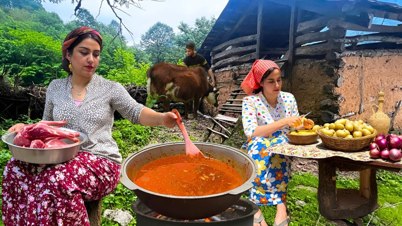 Cooking Persian Eggplant Stew in an Iranian Village | Traditional Gheimeh Bademjan Over Wood Fire