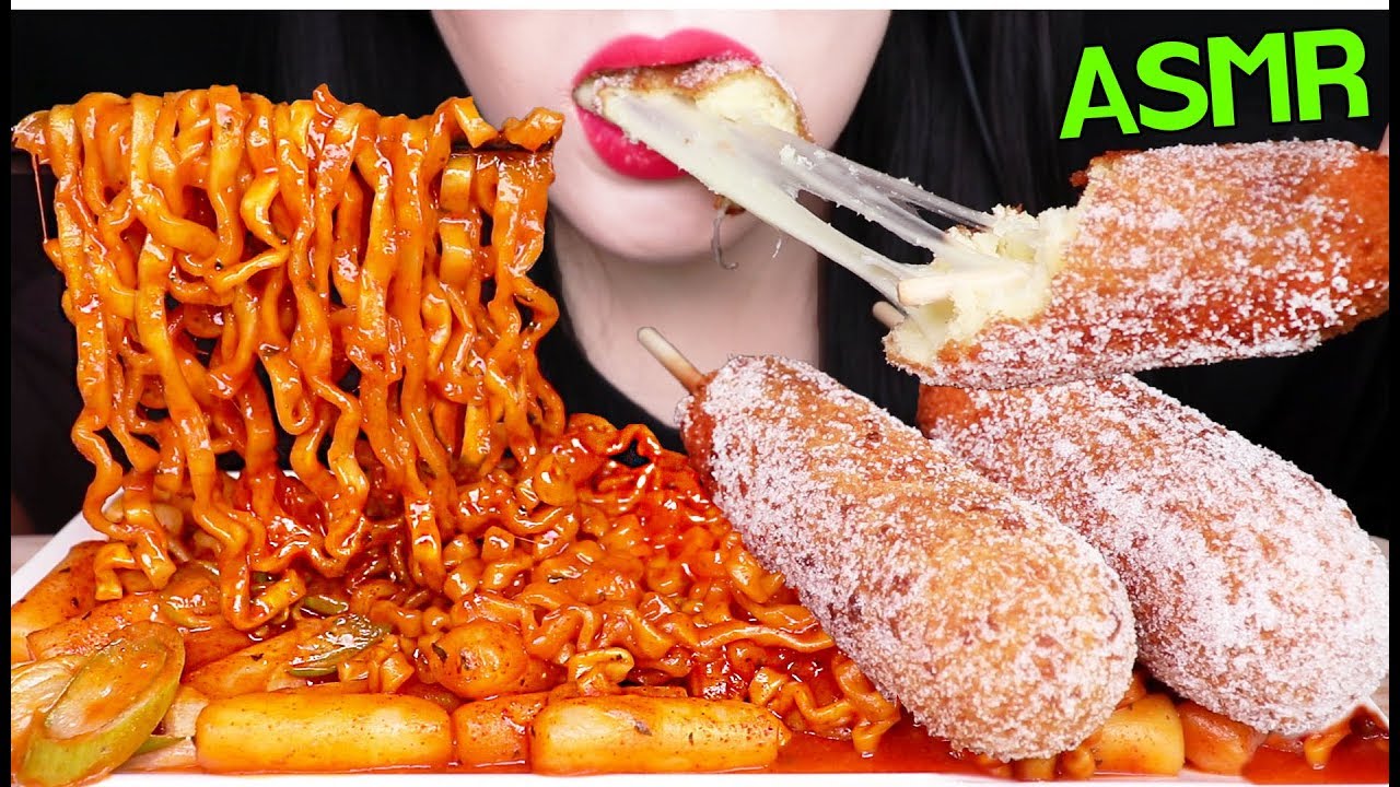 ASMR SPICY NOODLES TTEOKBOKKI + CHEESY CORN DOGS 치즈 라볶이, 모짜렐라 치즈 핫도그 먹방 (EATING SOUNDS)