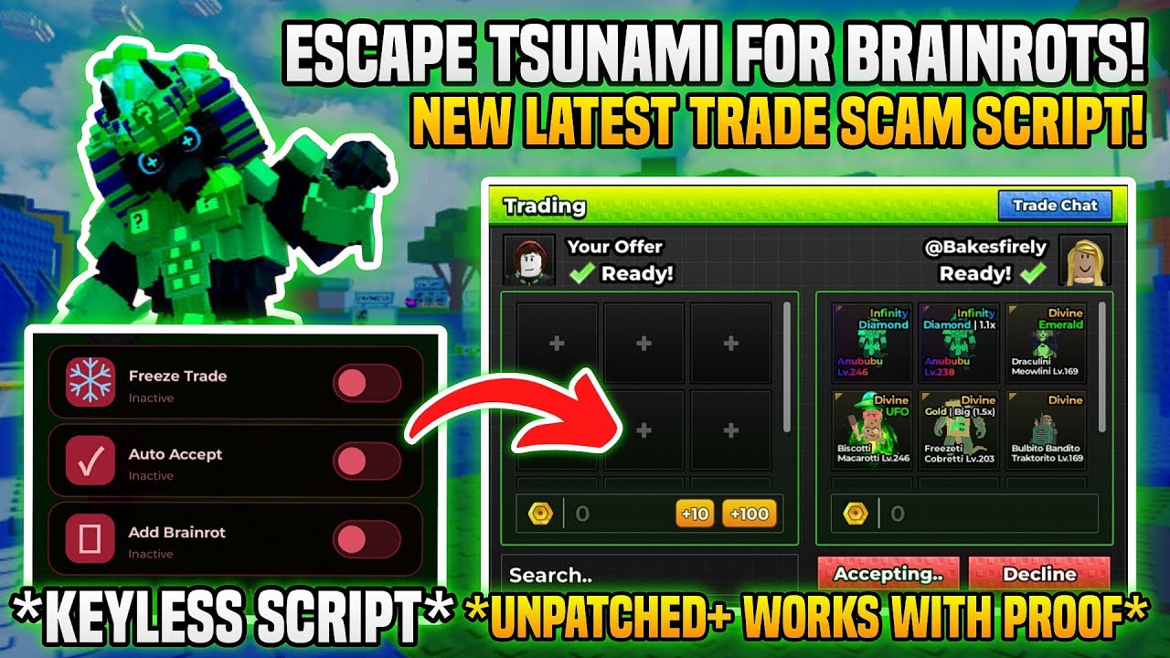 [UPDATED!🍀] Escape Tsunami for Brainrot TRADE SCAM Script!! 💥 Freeze Trade + Auto Accept | NO KEY