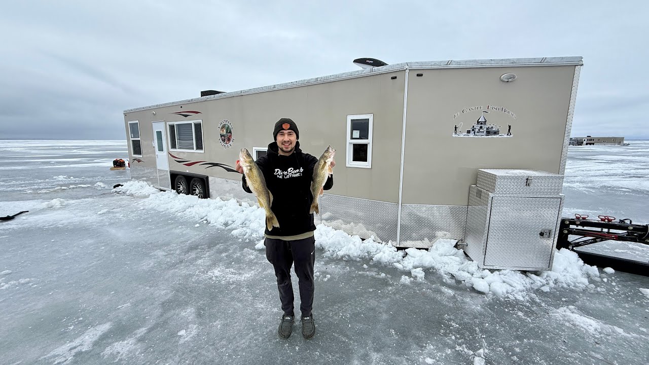 Overnight Ice Camping in a Luxury Fish House! (Catch and Cook)