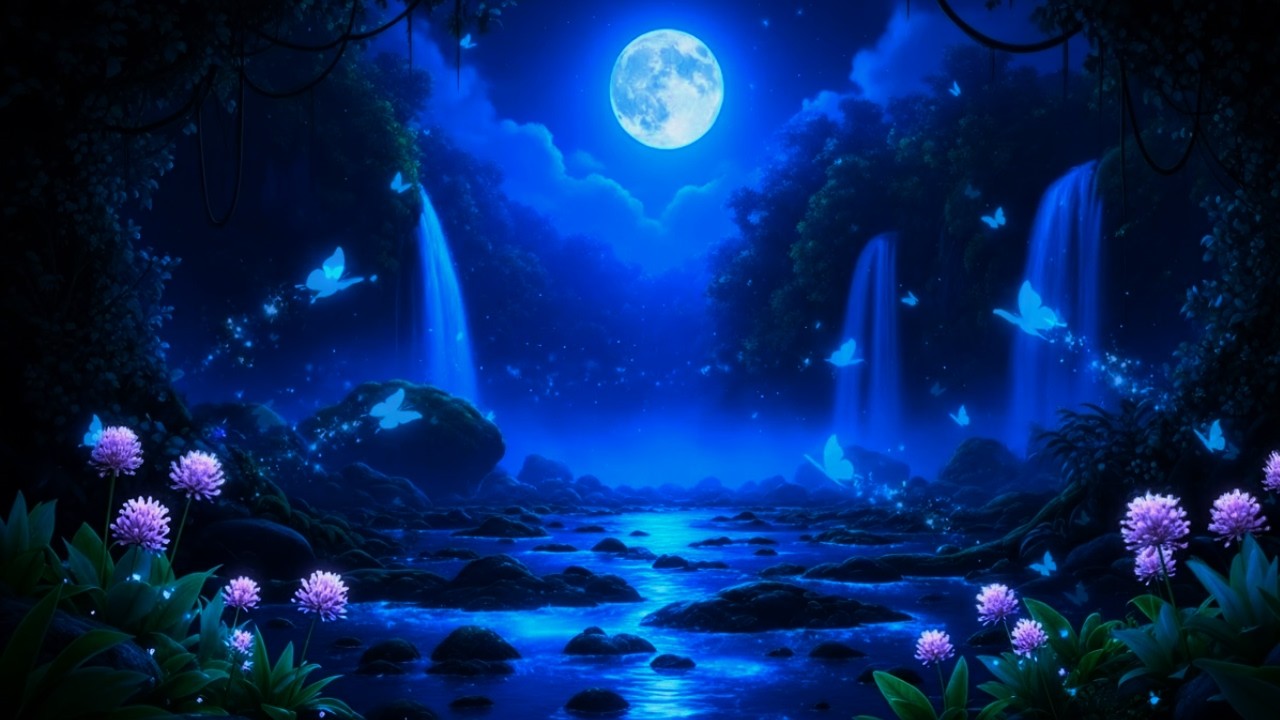 Moonlit Waterfall Night 🌙 Relaxing Music for Deep Sleep & Stress Relief | 3 Hours Nature Ambience