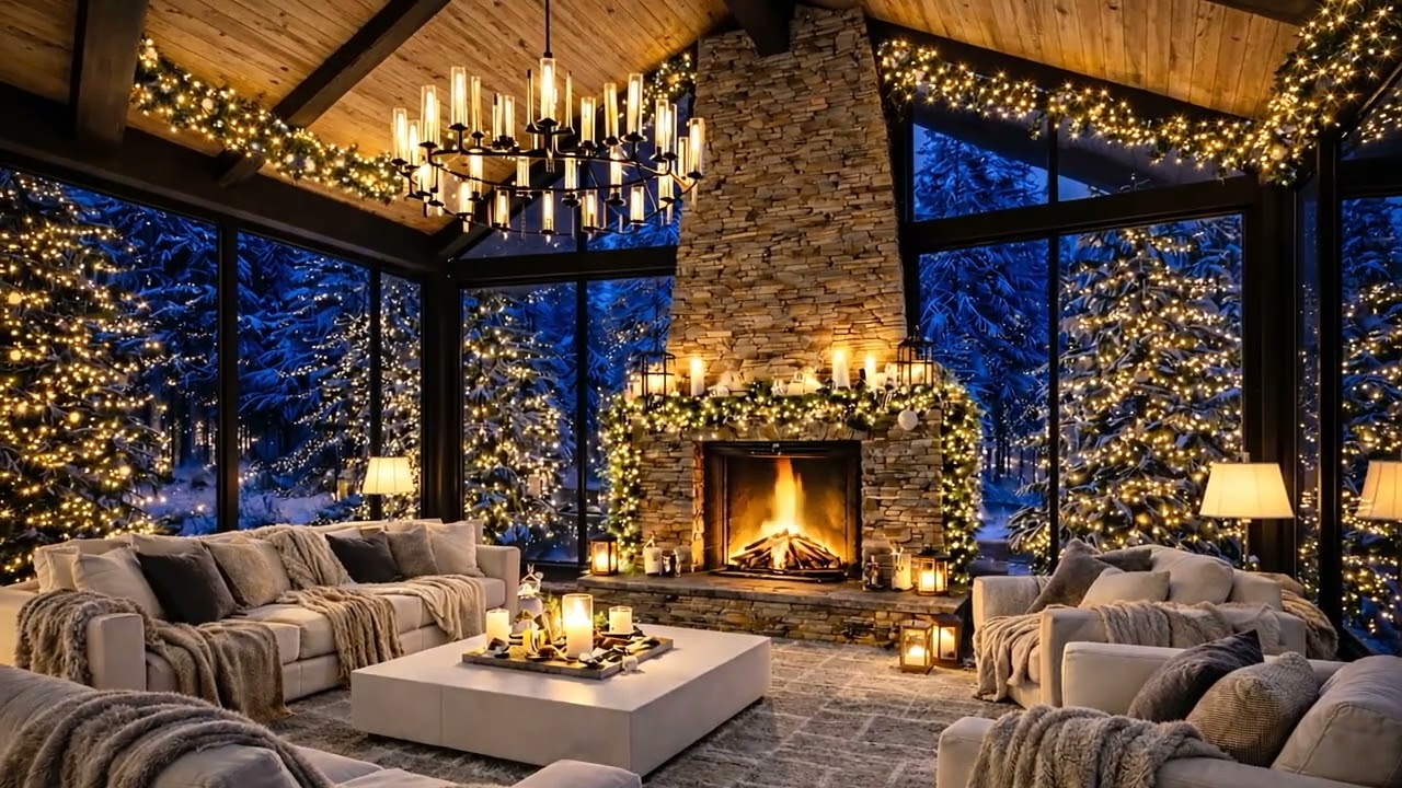 Winter Glass Cabin Cozy Christmas Luxury Living Room & Fireplace Ambiance 8 Hours 4K