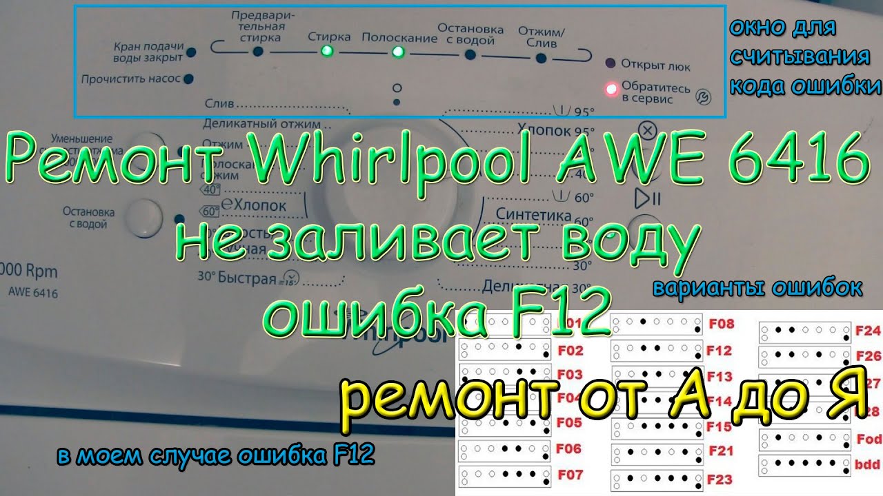 Сломалась стиральная машина Whirlpool ошибка F12 НЕ ЗАЛИВАЕТ ВОДУ РЕМОНТ ДЕНЬ 1 - 2