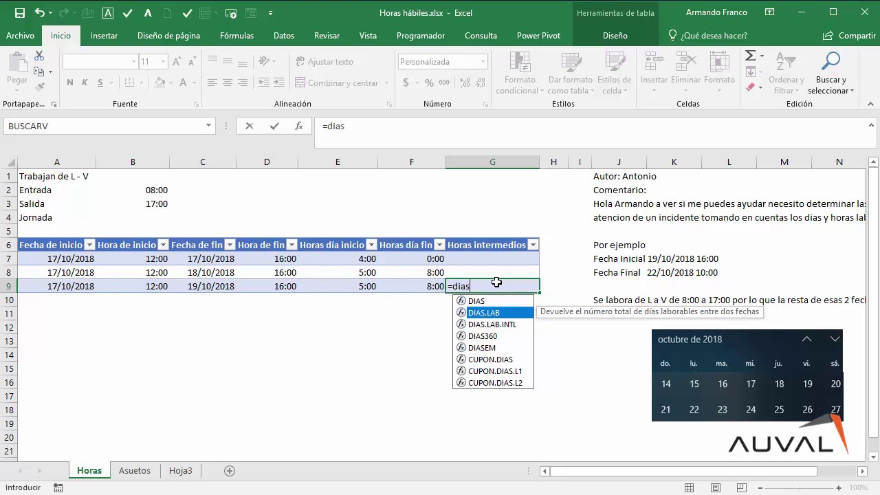 Cálculo de horas hábiles para resolver un problema (Excel en español).