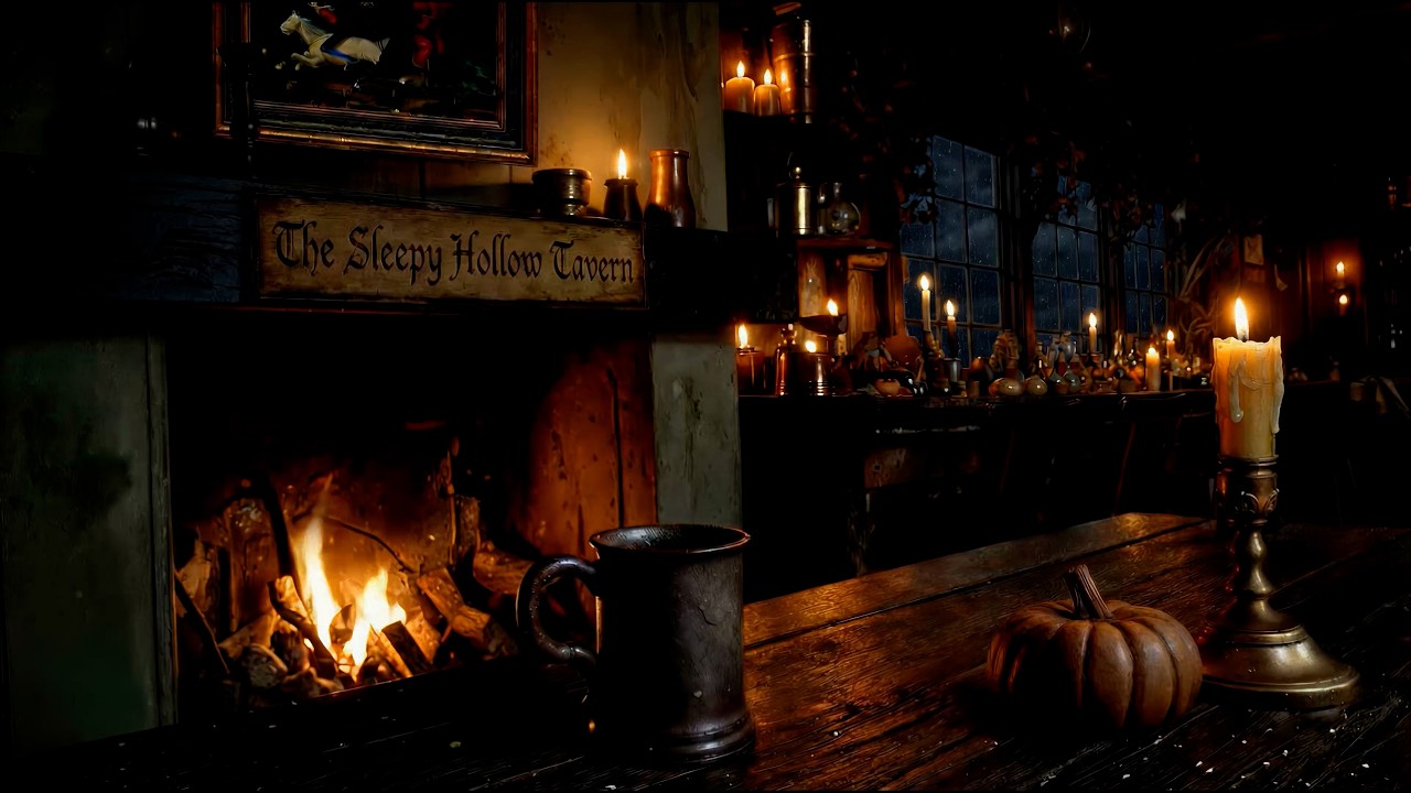 Sleepy Hollow Tavern Ambience | Crackling Fireplace + Thunderstorm