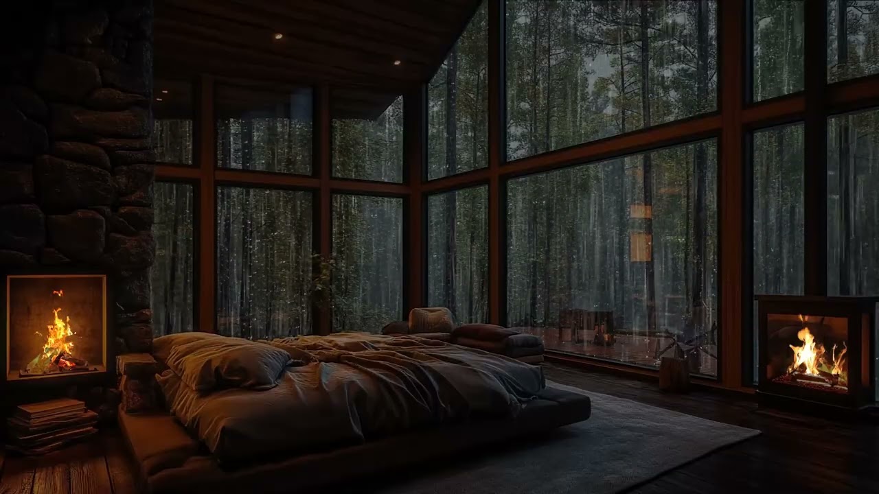 Warm Cabin Ambience in Forest | Rain Sounds and Fireplace | Relax Sleep Study Focus Calm