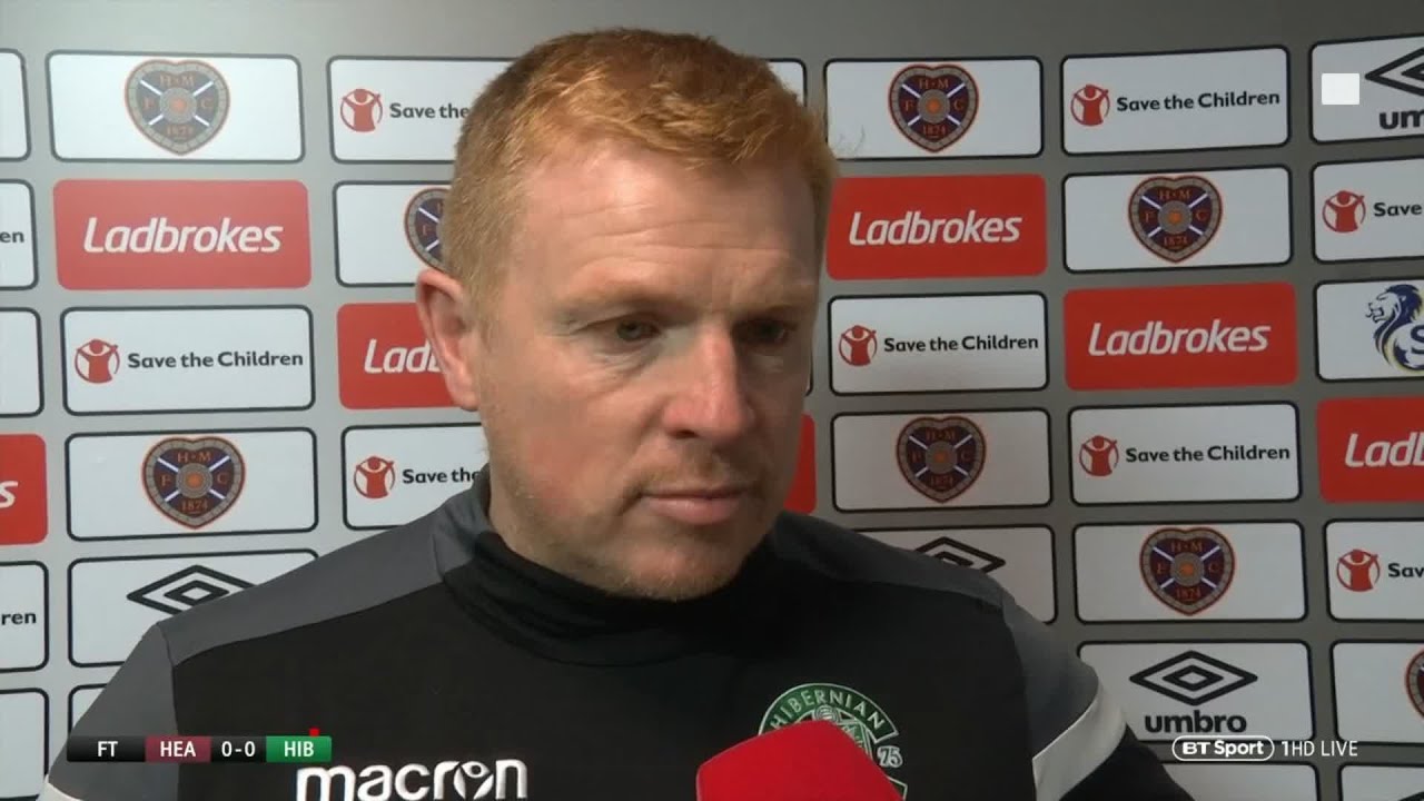 Neil Lennon reacts to being hit by a pound coin after the Edinburgh Derby | Hearts vs Hibs