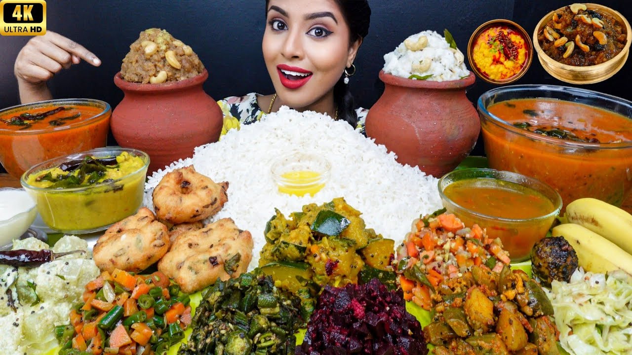 ASMR Eating South Indian Thali,Sadhya,Sambar,Pongal,Rice,Veg Stir Fry Food ASMR Eating Mukbang Video
