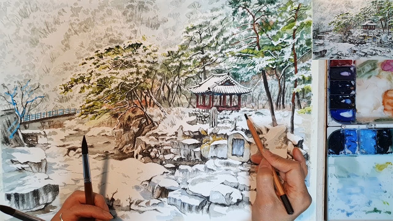 설경 풍경 수채화 작품