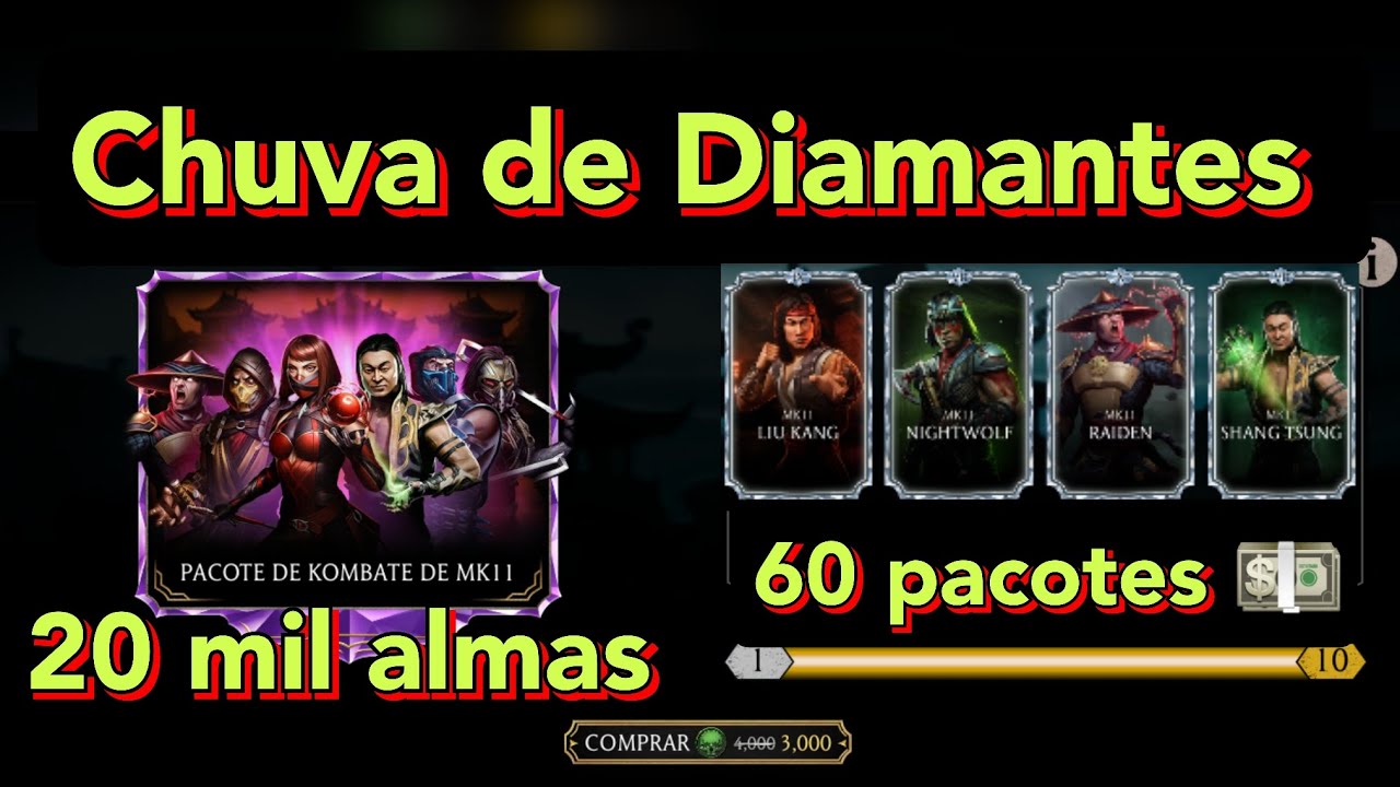 Abri 60 pacotes MK11, Ganhei muitos diamantes, personagem foi pro X, Gastei muitas almas, MK MOBILE