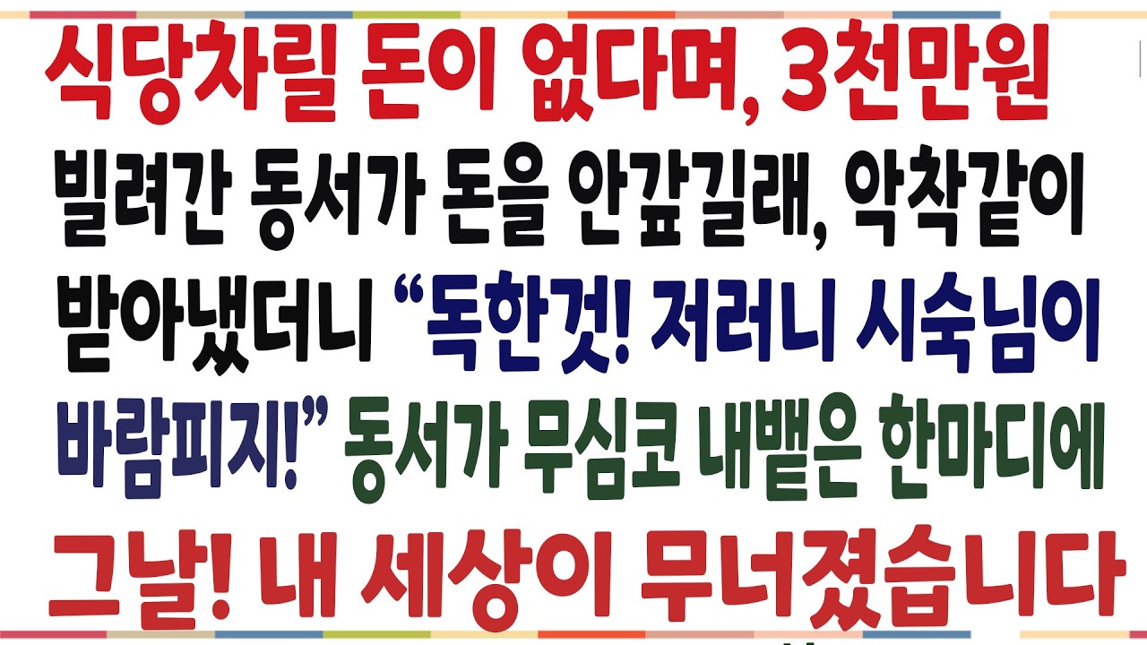 (반전신청사연)식당차릴 돈이 없다면 3천만원 빌려간 동서가, 돈을 안갚길래 악착같이 받아냈더니, 동서가 무심코 내뱉은 한마디에 내세상이 무너지는데[신청사연][사이다썰][사연라디오]