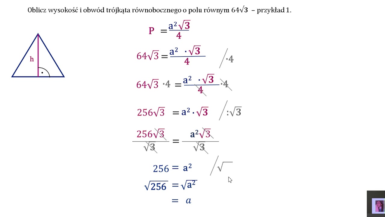 Oblicz wysokość i obwód trójkąta równobocznego o polu 64 pierwiastka z 3. Przykład 1.