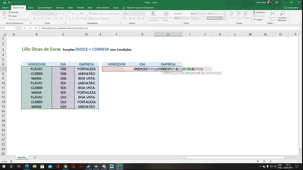 Como usar a função ÍNDICE + CORRESP com condições