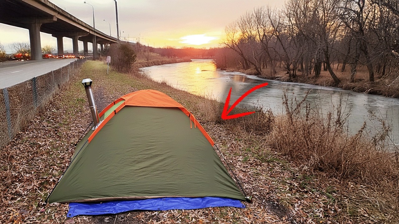 Urban Camping Under Highway Overpass in a Makeshift Hot Tent