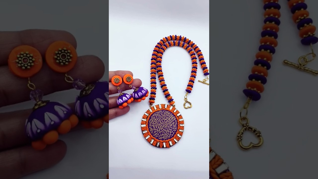 Presenting a gorgeous polymer clay necklace set in orange and purple.Whatsapp +919445954172. 