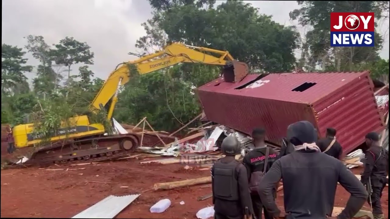 Police Anti-Galamsey Task Force Destroys Illegal Mining Structures in Tano Offin Forest.