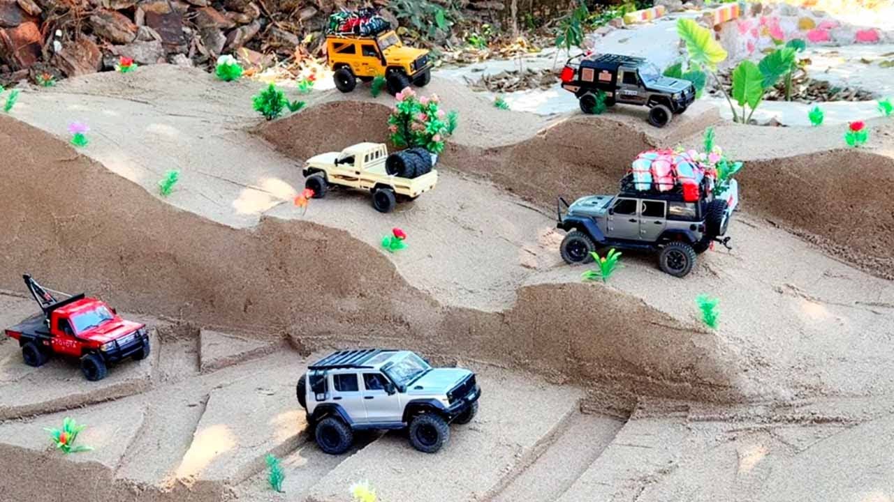 RC Cars Extreme Sand Mountain Challenge test ! Rc MN128 Jeep Rubicon  MN82 RC Defender  MN Tank 300 