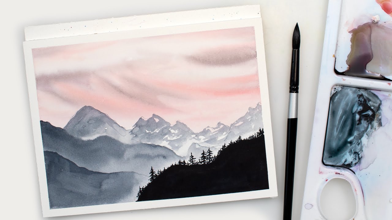 Watercolor EASY sunrise over mountains step by step painting tutorial for beginners