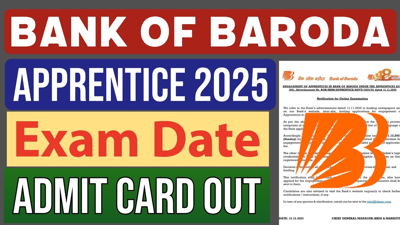 Bank of Baroda  Apprentice Recruitment 2025 Exam Date & Admit Card Out