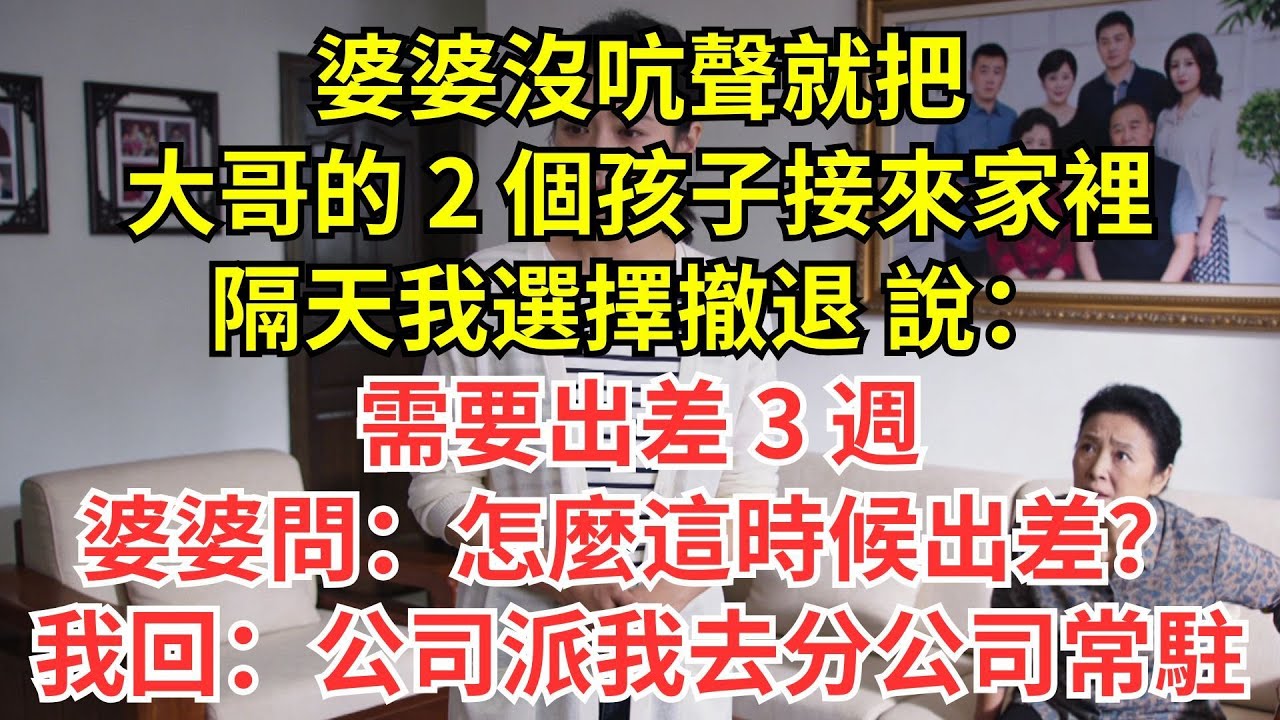 婆婆沒吭聲就把大哥的 2 個孩子接來家裡，隔天我選擇撤退，説：「需要出差 3 週」，婆婆問：「怎麼這時候出差？」我回：「公司派我去分公司常駐」#情感#婆媳#家庭#智慧#生活經驗#為人處世
