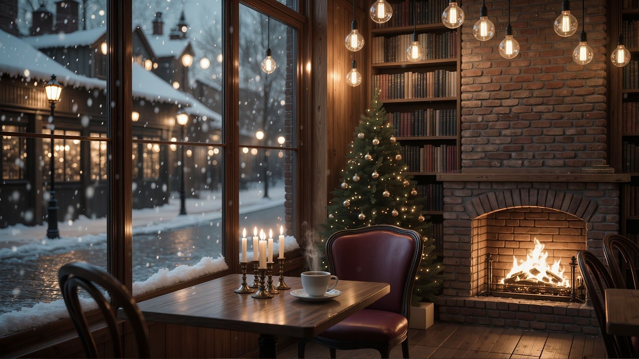 Cozy Snowy Night by the Fireplace ❄️☕ Winter Café Ambience for Sleep, Study & Relax (4K)