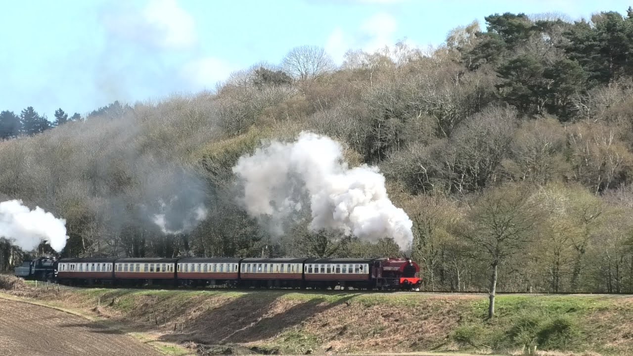 The Bagnall and The Banker. 401 +76084 at the back on Kelling Heath NNR Gala 14.04.23
