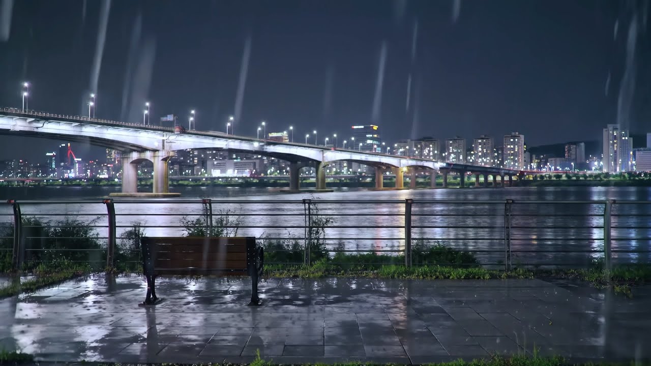 4K Heavy Night Rain Live by Seoul’s Han River: Relaxing Sounds