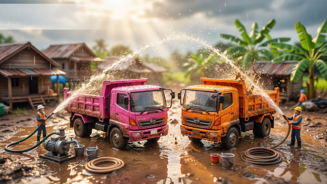 Muddy Village Road Repair 🚛 Two Hino Dump Trucks at Work | Ultra Realistic Miniature Diorama