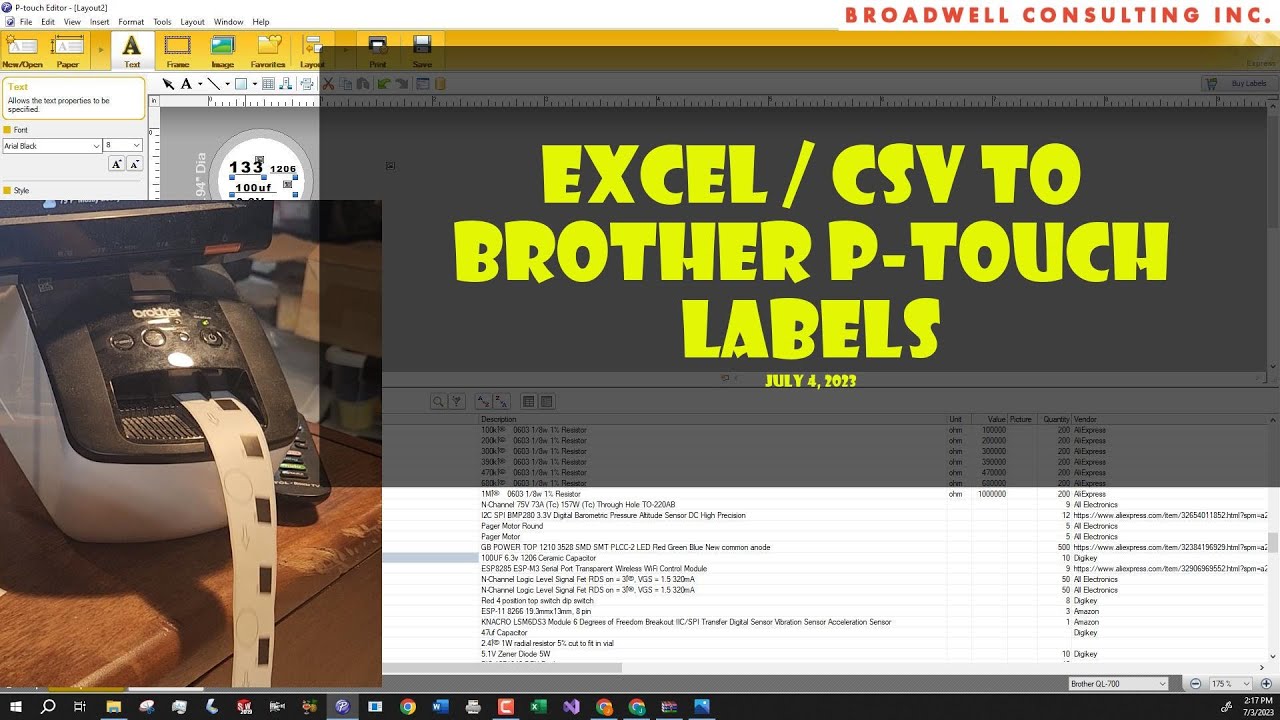 Printing Labels from .csv or .xlsx Excel database files on Brother P-Touch with QL-700 printer