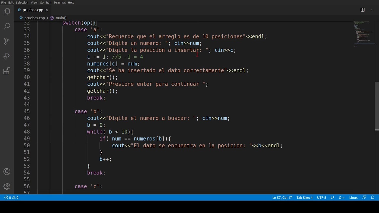 Arreglo con menu C++