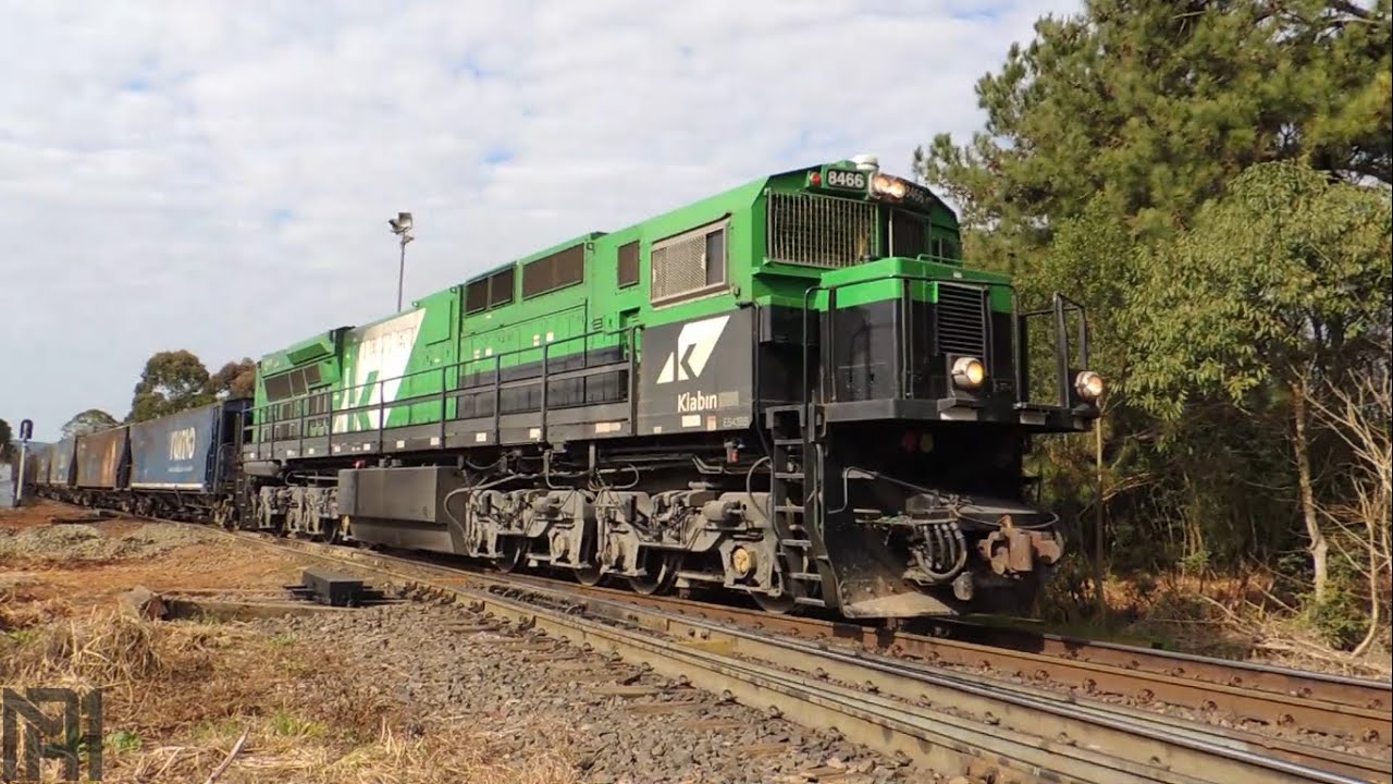 Trem vazio com locomotiva da Klabin passando pelo AMV