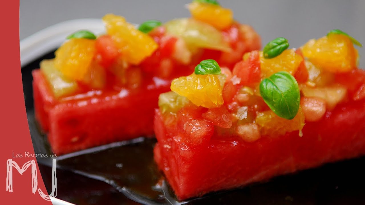 Ensalada de sandía, tartar de tomate y naranja