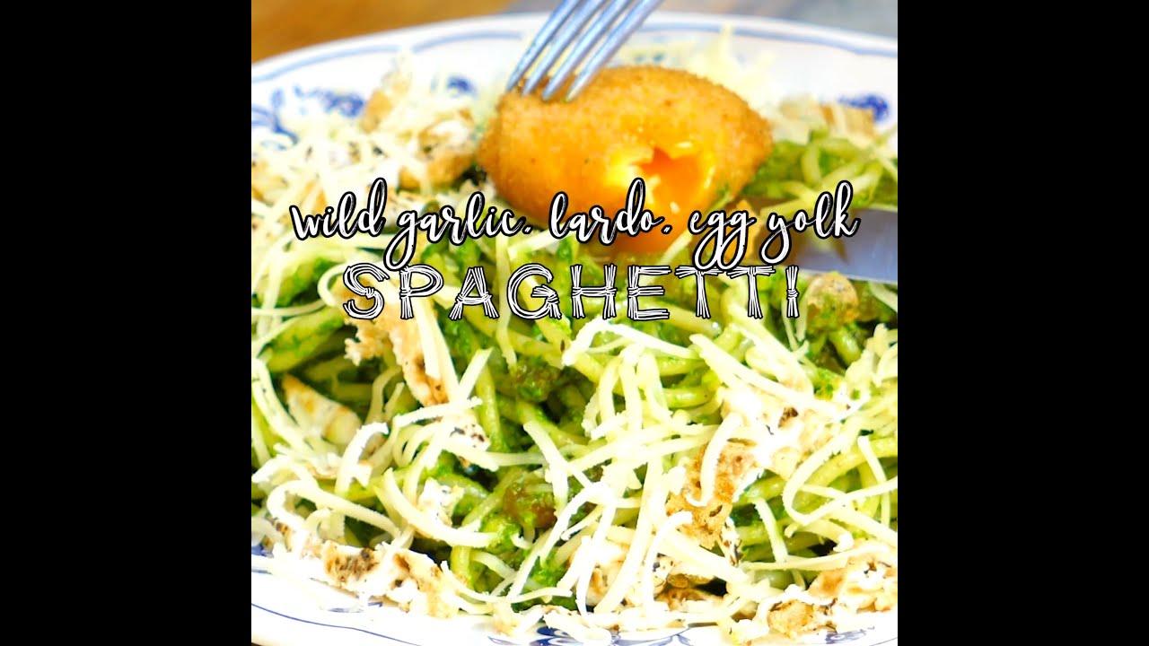 Wild garlic, lardo cubes and deep fried egg yolk spaghetti recipe.