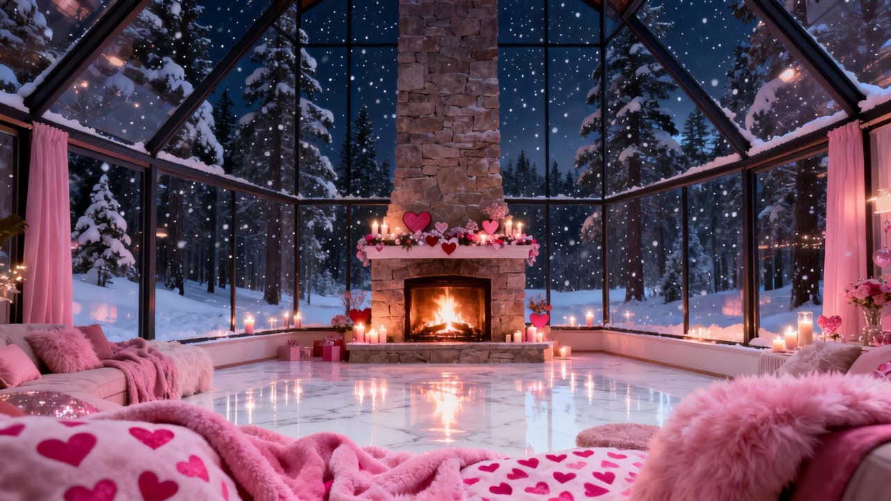 💕❄️ Pink Valentine&rsquo;s Snow Room ❄️💕 Cozy Fireplace & Soft Harp Ambience 🎶