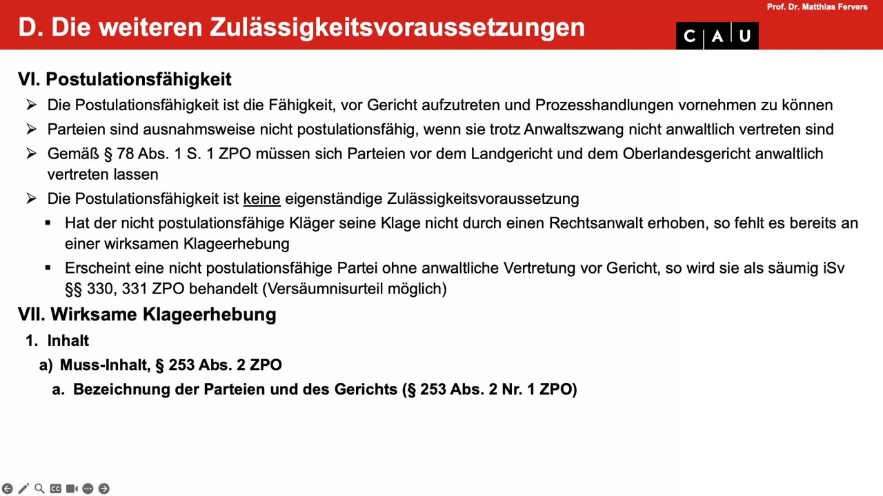 Zivilprozessrecht – Folge 05 (Postulationsfähigkeit; wirksame Klageerhebung; Zustellung)