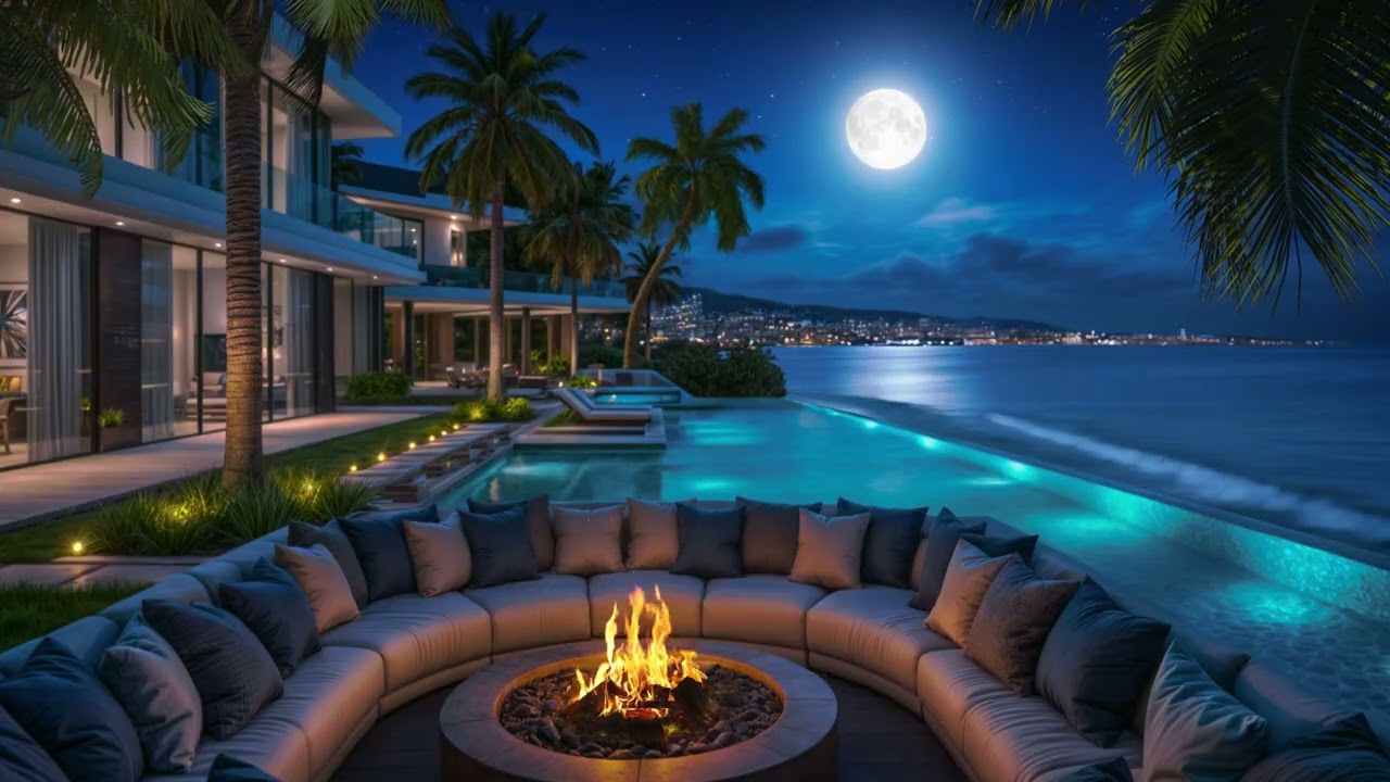 Tropical Night Ambience | Cozy Beach Villa at Night with Soothing Ocean Waves, Fireplace